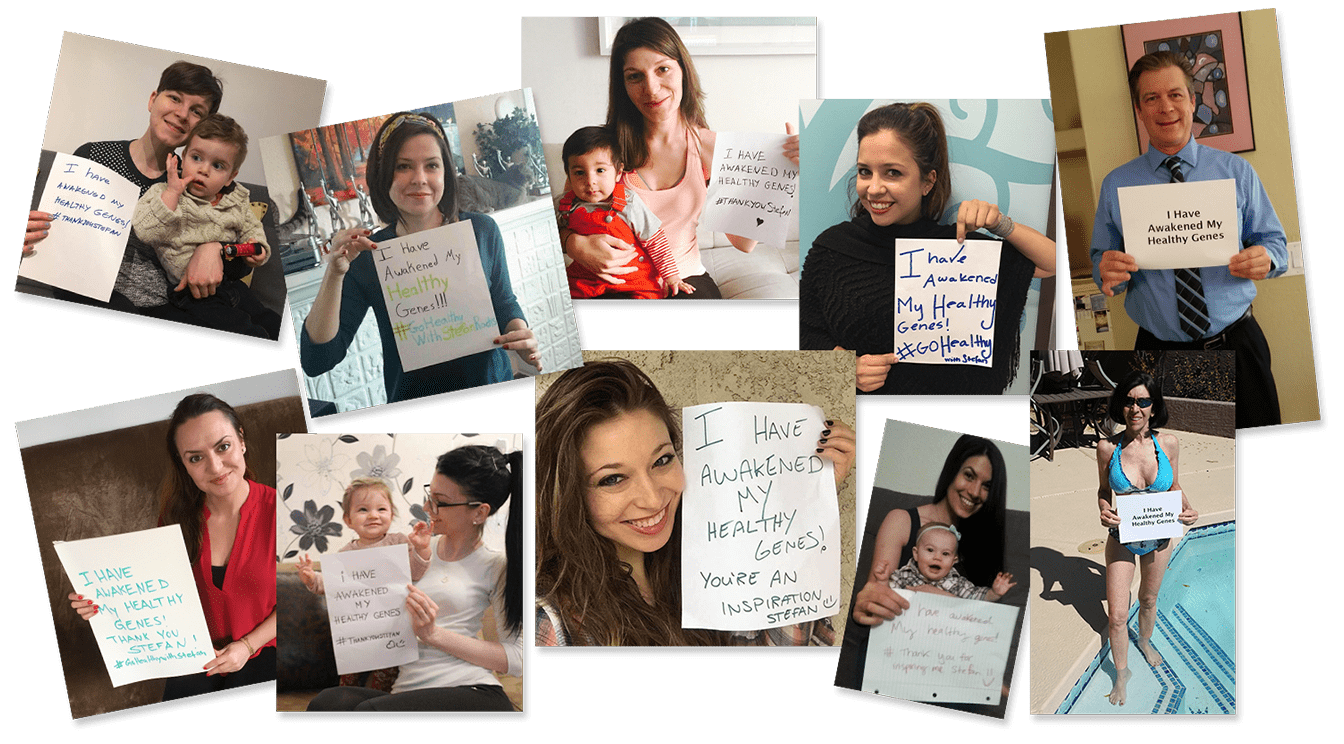 A collage of diverse individuals, including men, women, and children, holding handwritten signs. The signs prominently display phrases like "I Have Awakened My Healthy Genes" and often include gratitude messages such as "Thank You Stefan" or related hashtags.