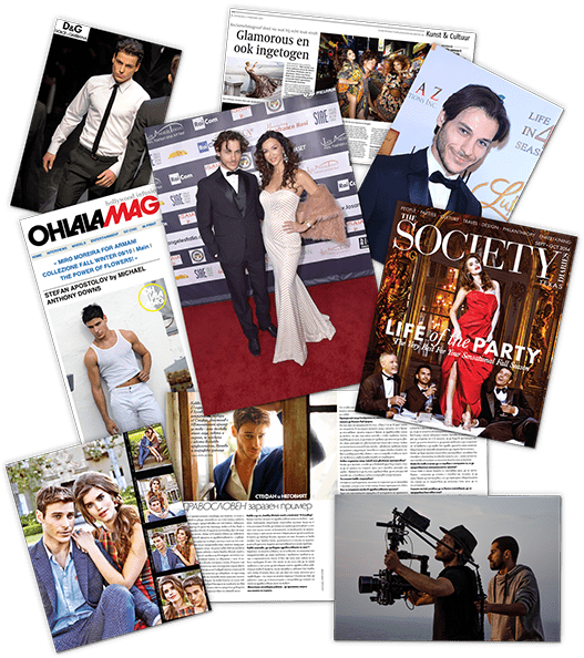 A collage of media and entertainment content, featuring magazine covers, newspaper clippings, red carpet events, fashion shoots, and a film set.